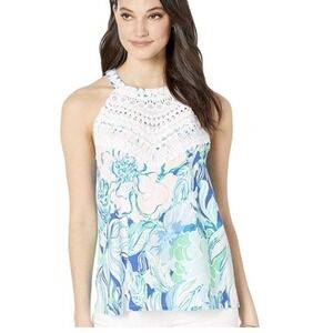 Lilly Pulitzer Dawn Tank Top Crochet Eyelet High Neck Tropical Resort Wear Sz M